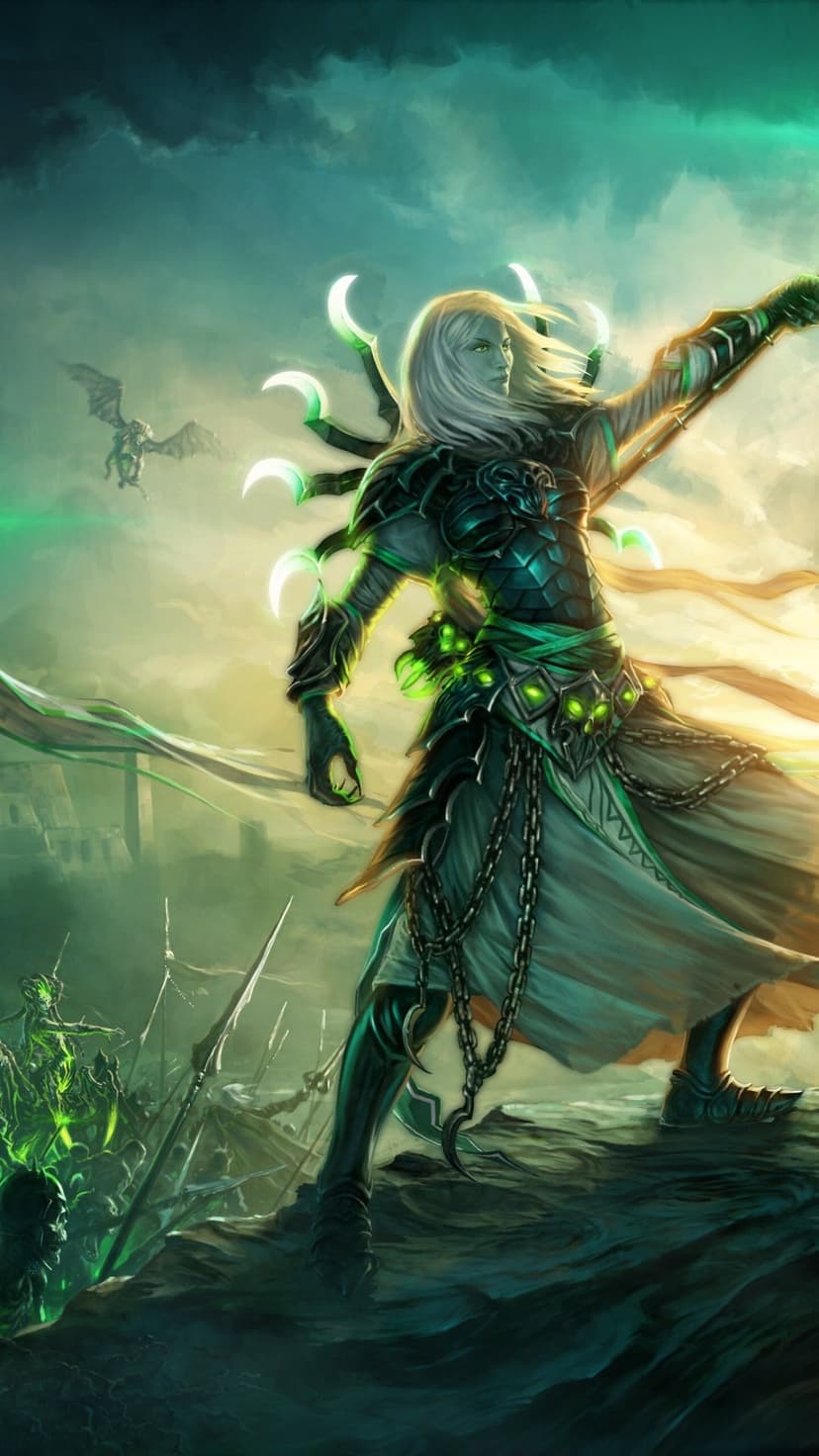 White haired necromancer in dark armor with glowing green accents standing over a misty spectral battlefield.