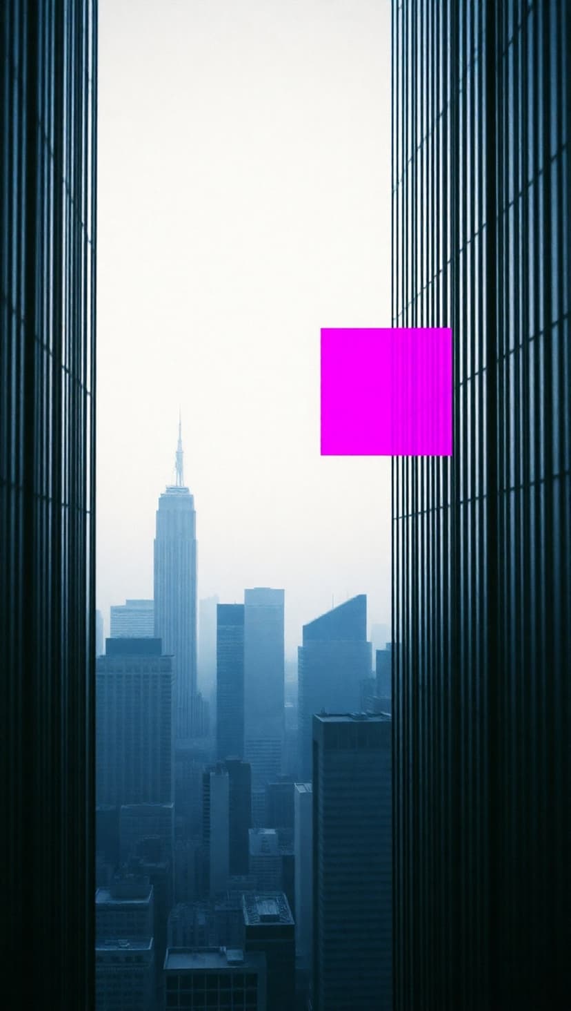 Empire State Building and Manhattan skyscrapers stand behind a translucent magenta square in a misty city view.