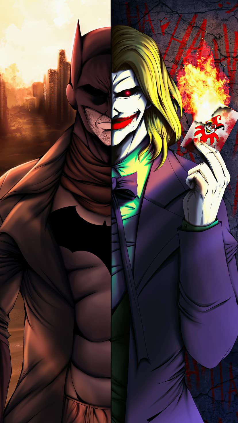 Batman in a dark cowl and the Joker with a menacing grin divided vertically against a Gotham City backdrop.