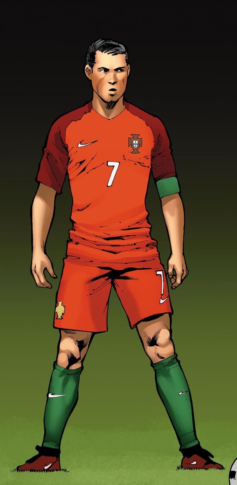 Cristiano Ronaldo wearing a red Portugal jersey and number 7 shorts stands against a dark green background.