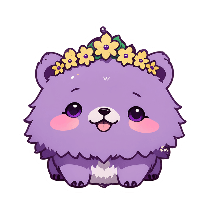 Purple fluffy bear sticker featuring a yellow flower crown and pink cheeks on a clean white border outline.