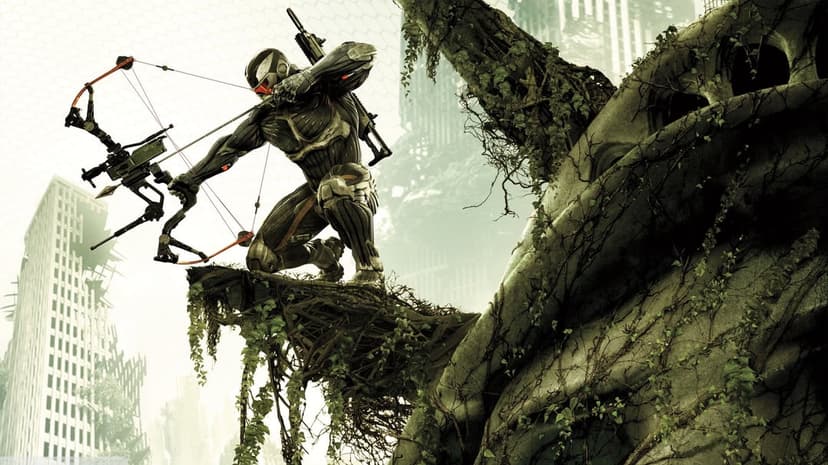 Futuristic soldier in a nanosuit aims a mechanical bow from a vine-covered ruin in a post-apocalyptic city.