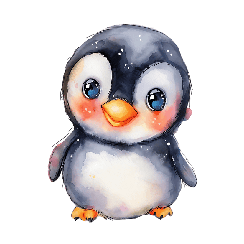 Penguin chick watercolor illustration features soft grey down feathers, large dark eyes, and pink flushed cheeks.