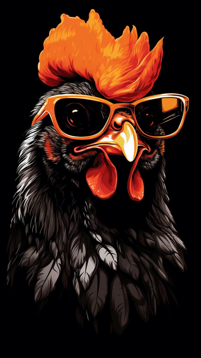 Rooster wearing orange sunglasses and a bright orange comb against a solid black backdrop with textured feathers.