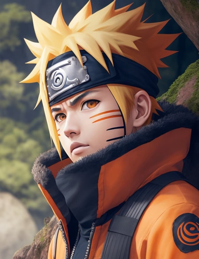 Naruto Uzumaki with spiky blonde hair and whisker marks wears an orange jumpsuit against a blurred forest background.
