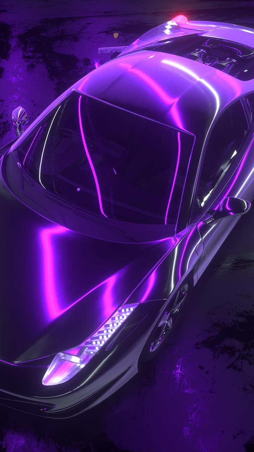 Purple sports car with glowing neon accents and sharp headlights reflects light on its metallic surfaces.