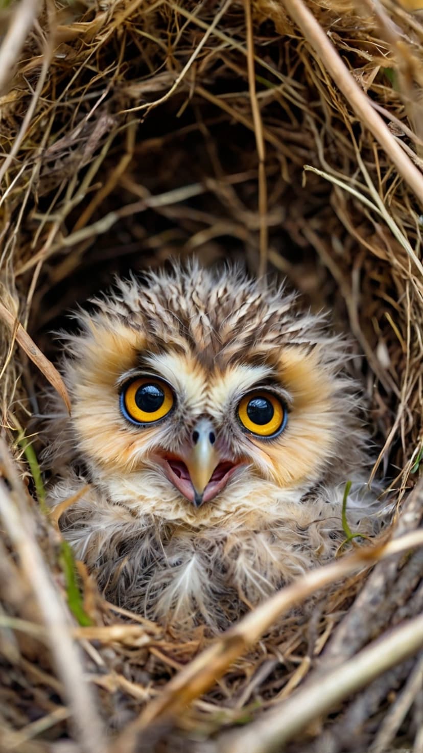 Fluffy baby owl with large yellow eyes peers from a straw nest against a soft-focus forest background view.