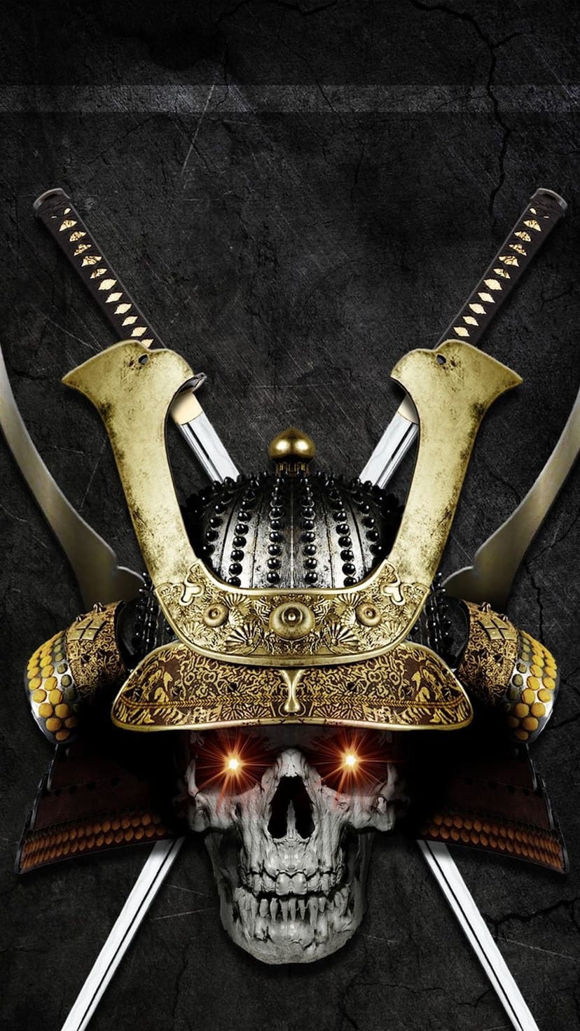 Skeletal samurai wearing a golden kabuto helmet with glowing orange eyes and sharp crossed katana swords behind it.