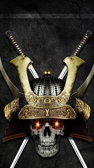 Golden Samurai Skull Mobile Wallpaper with Glowing Eyes