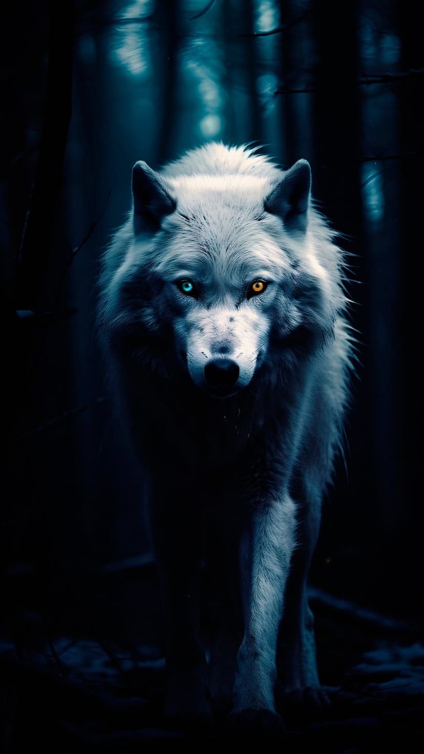 White wolf with blue and amber eyes stares from a dark forest, showing detailed fur and low-key lighting.