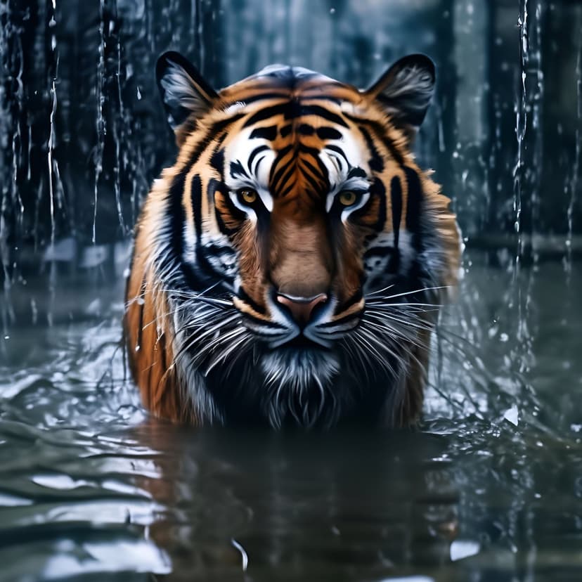 Tiger head with wet orange fur emerging from a waterfall against a dark background with water droplets.