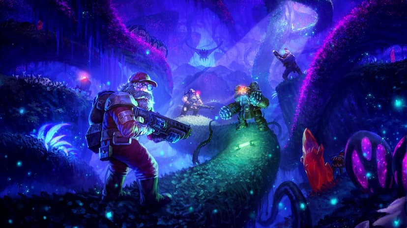 Four dwarven miners with futuristic weapons stand in a glowing purple and blue alien cave with neon plants.