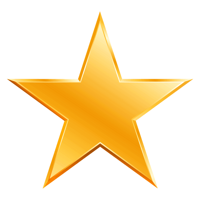 Symmetrical gold star features sharp beveled edges and a warm orange gradient core on a transparent backdrop.