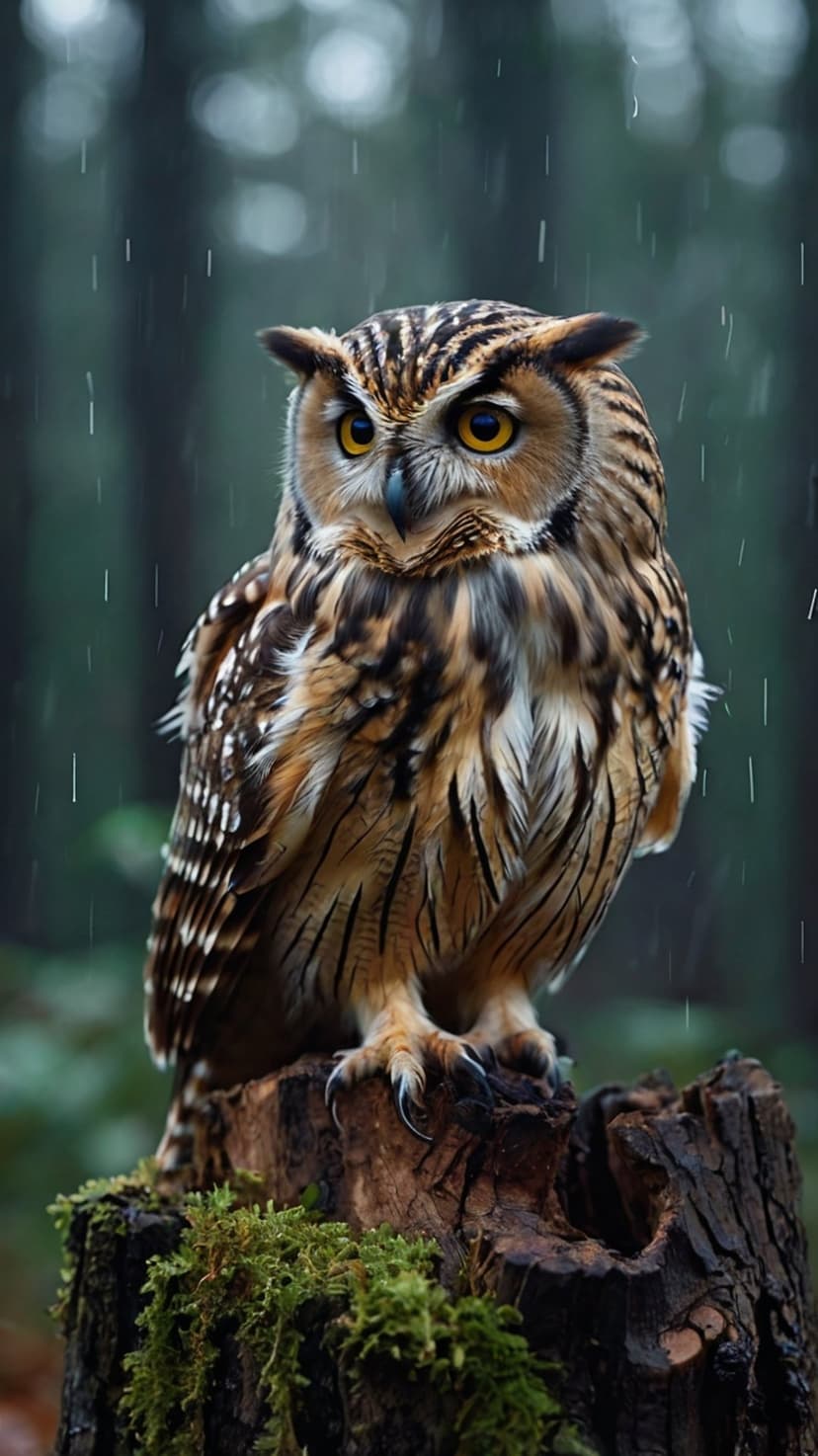 Amber-eyed owl perched on a mossy stump during a soft rain shower against a blurred green forest background.