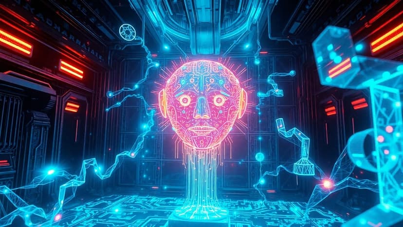 Glowing humanoid AI head with pink and blue outlines surrounded by robotic arms and sparking electrical wires.