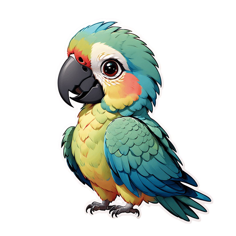 Teal parrot sticker illustration with glossy black eyes and yellow wing accents in a profile profile view.