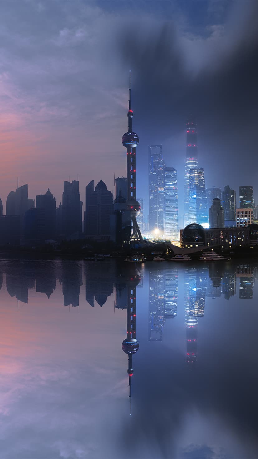 Illuminated skyscrapers with spherical pods reflect in calm harbor water under a violet midnight sky.