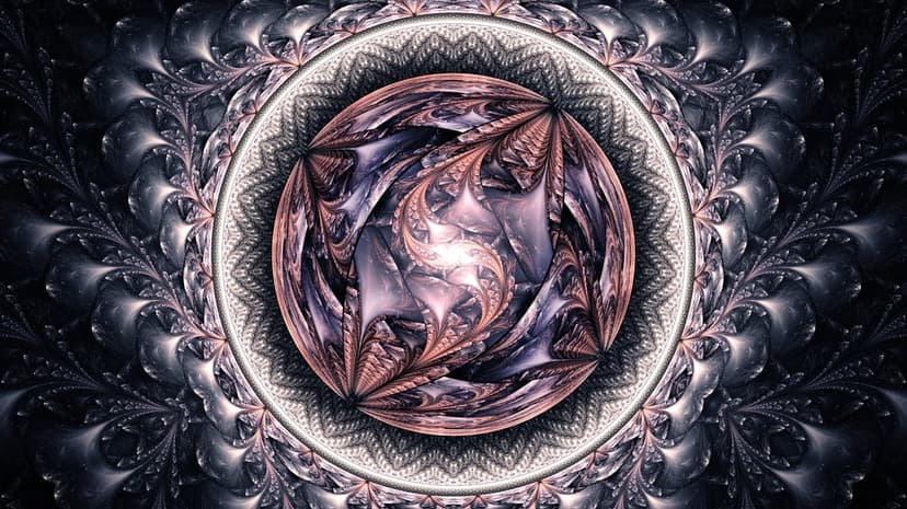 Radiant pink orb centered within ornate gray mandala patterns and lace textures on a dark vertical background.