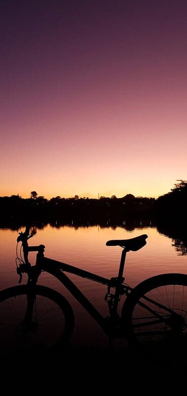 Serene Lakeside Cycling Silhouette Phone Background