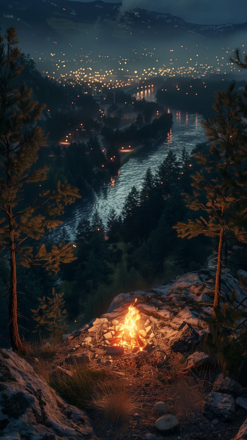 Campfire burning on a rocky ledge above a winding river and a city glowing with golden lights at dusk.