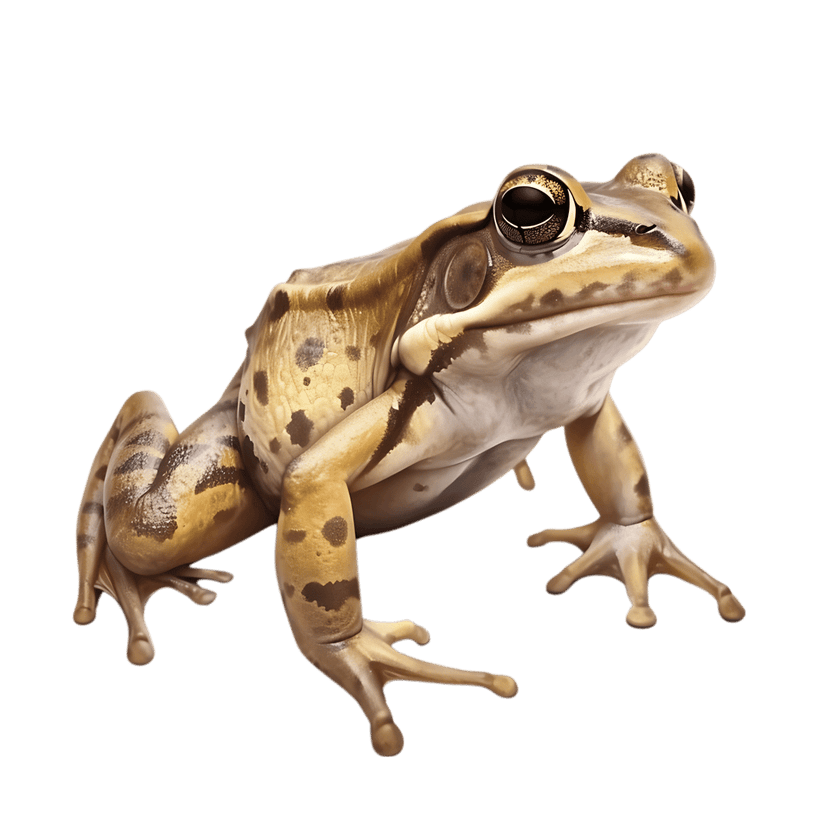 Striped frog with brown skin markings sits against a dark background in a detailed realistic illustration.