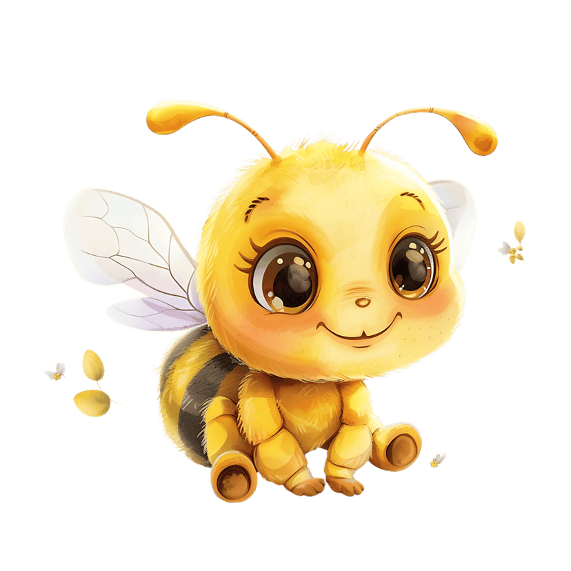 Yellow bee cartoon character featuring large black eyes and translucent wings surrounded by small green leaves.