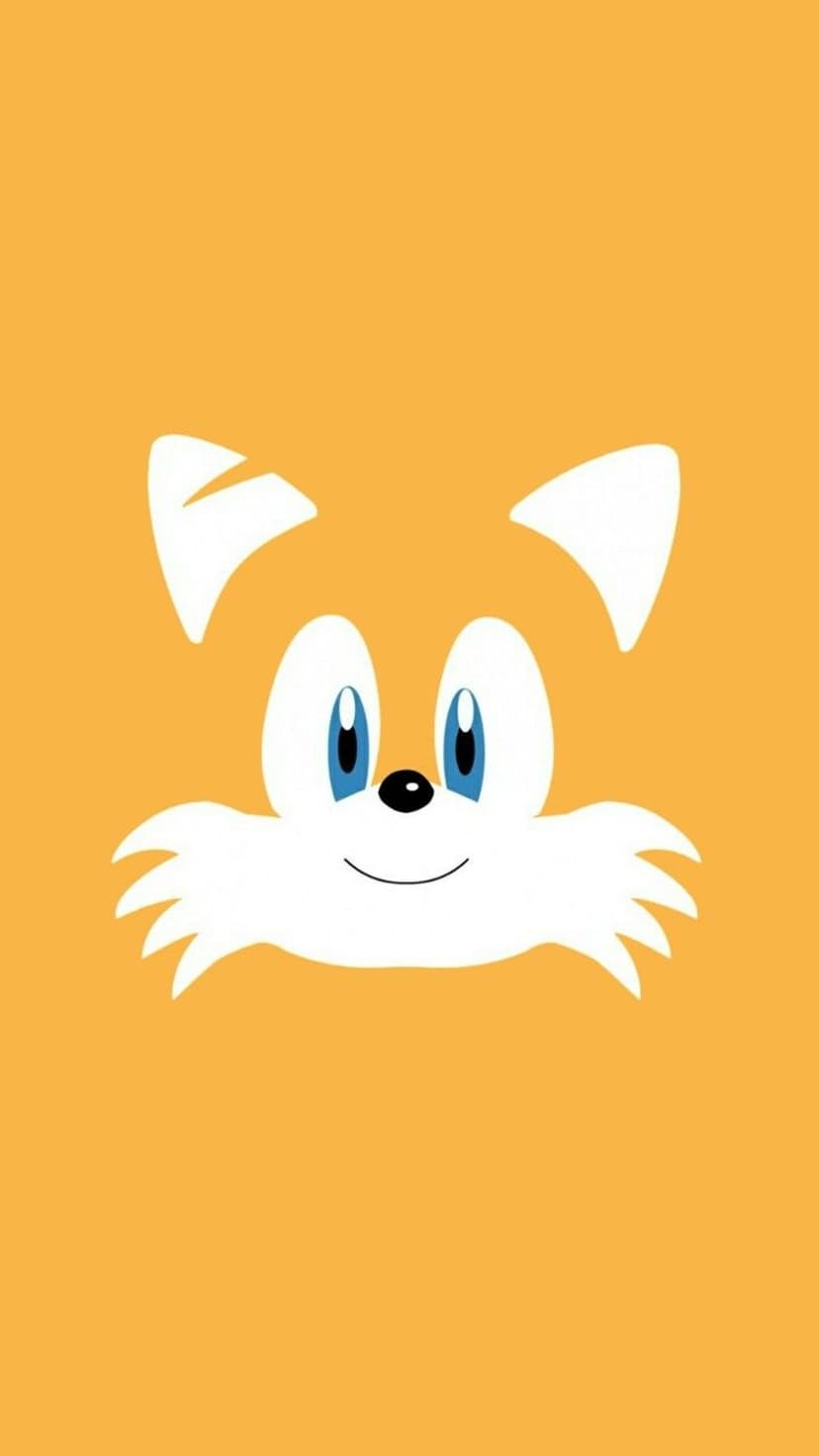 Tails the fox shows a cheerful smile and blue eyes centered on a vibrant orange background for mobile screens.