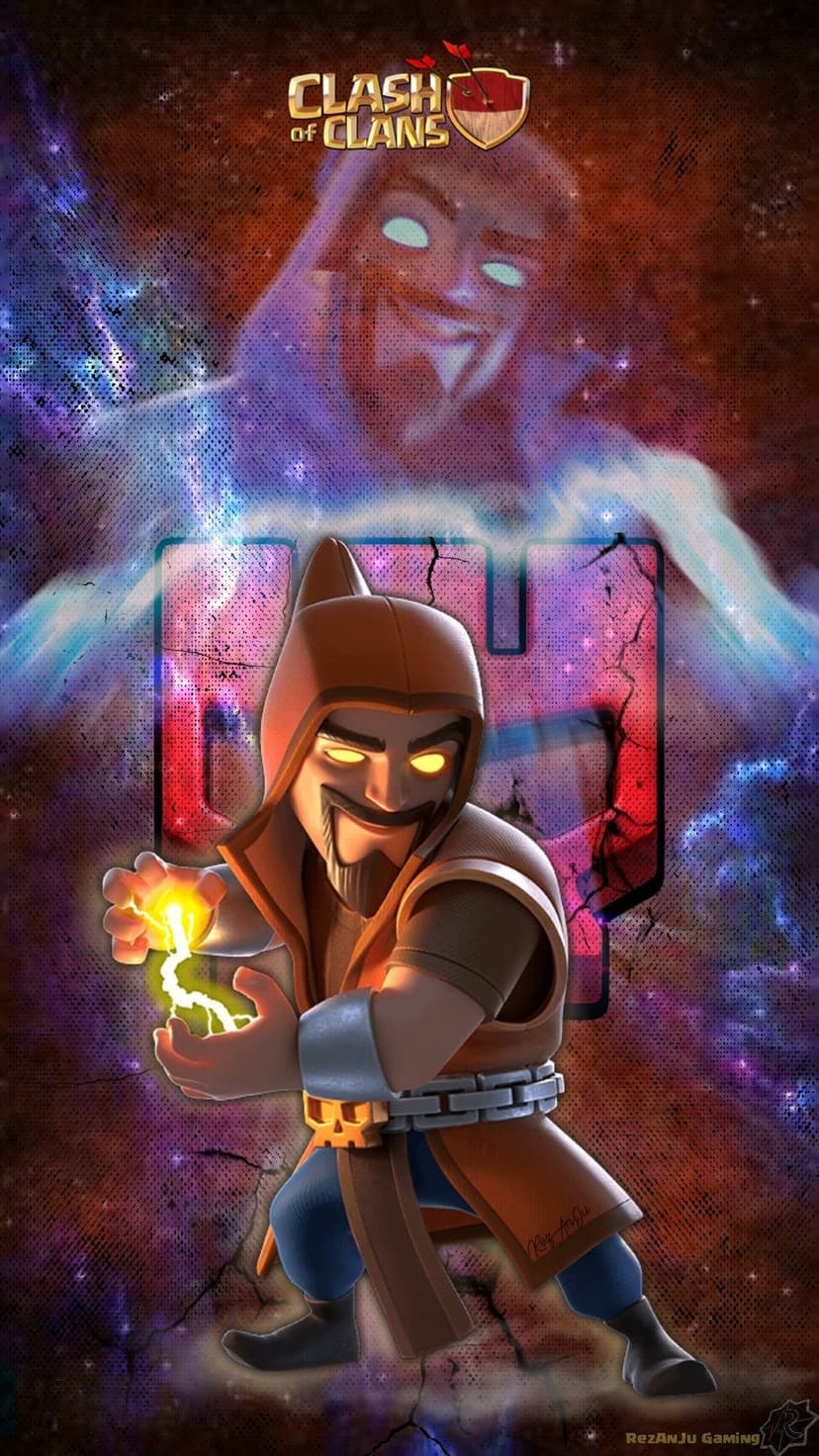 Wizard character with glowing eyes casting a blue lightning spell against a dark purple cosmic background.