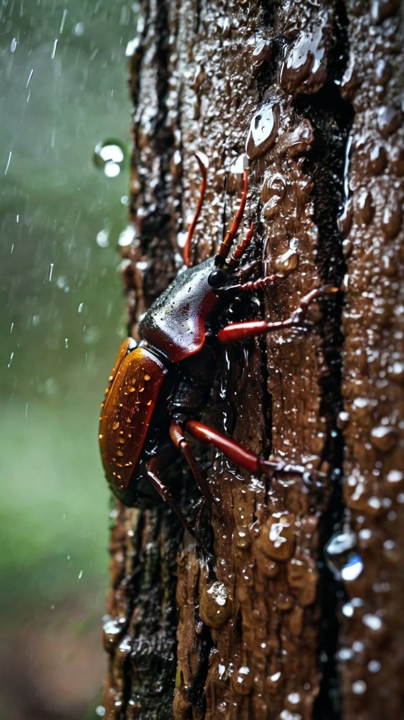 Red-legged beetle with glistening water droplets clings to wet, textured tree bark against a blurred green forest.