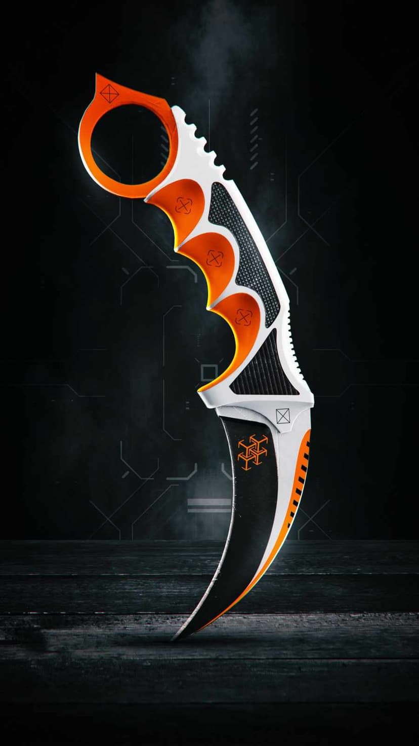Karambit knife with an orange finger ring and geometric white handle scales on a dark wooden tabletop.