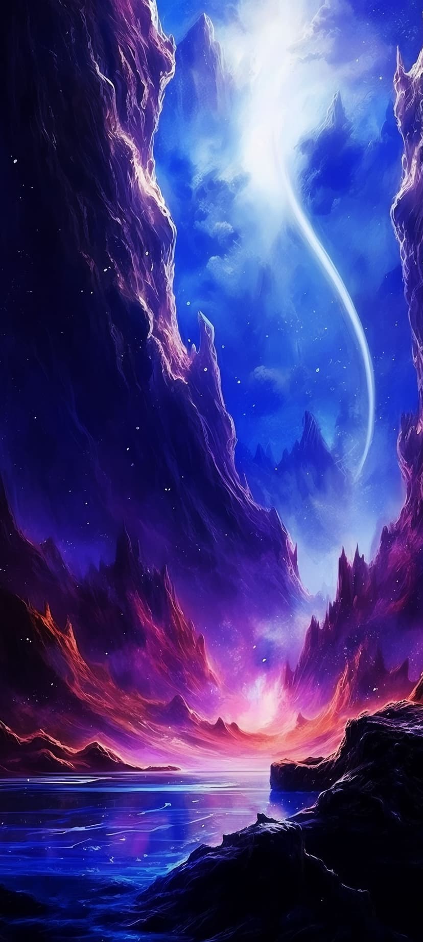 Jagged purple cliffs surround a glowing blue river beneath a vibrant orange and violet nebula with a shooting star.