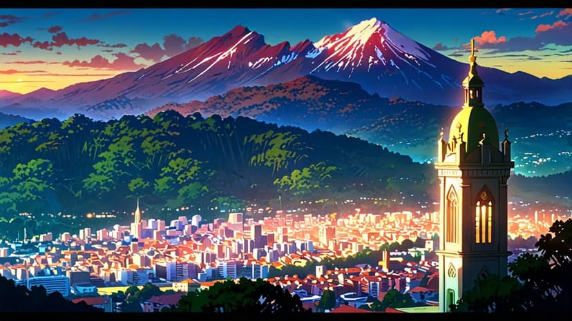 Snow-capped mountains tower over a golden-lit city and church steeple during a vibrant sunset with purple clouds.