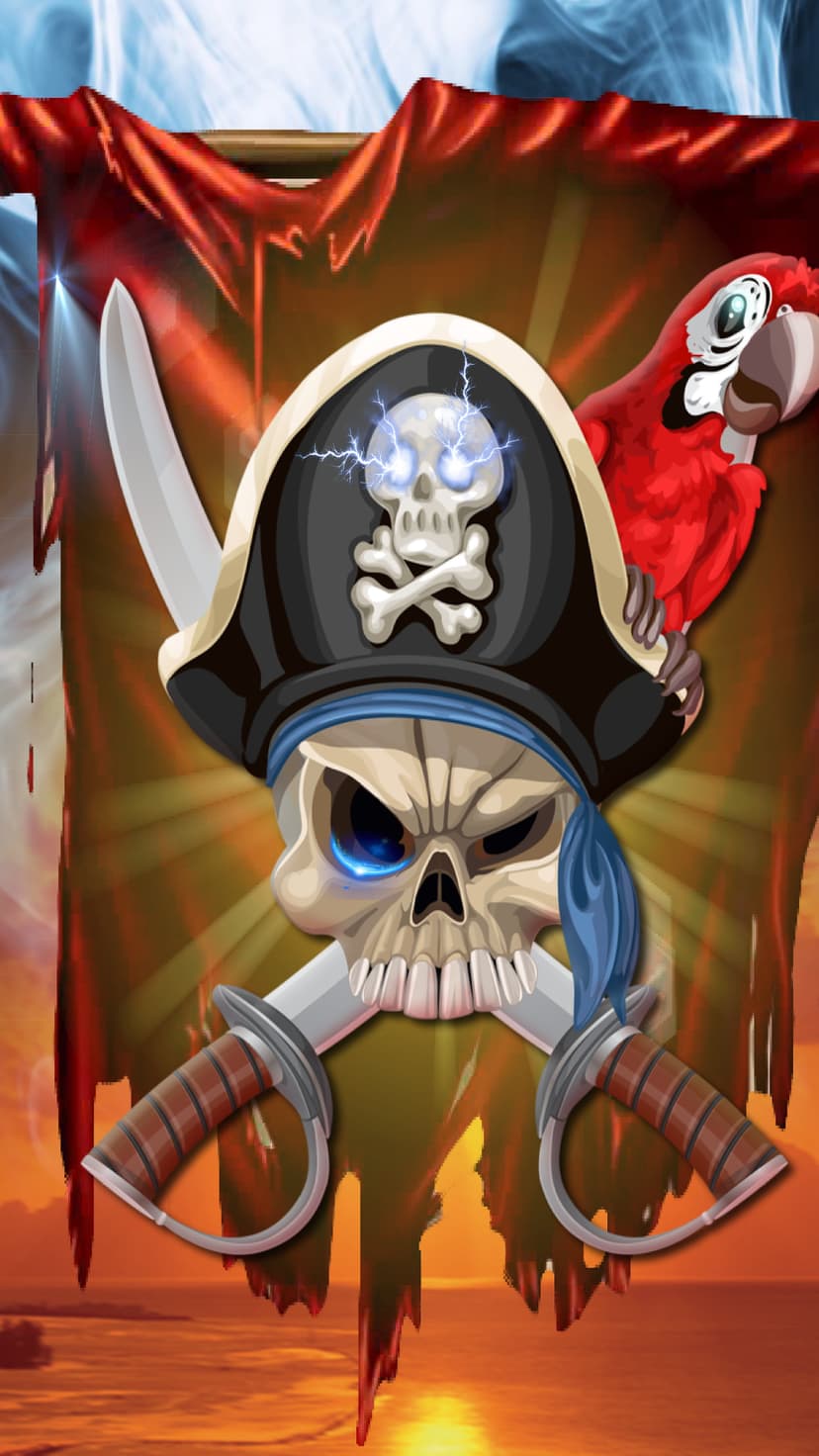 Weathered skull in a tricorn hat with a red parrot and crossed cutlasses against a fiery sunset ocean view.