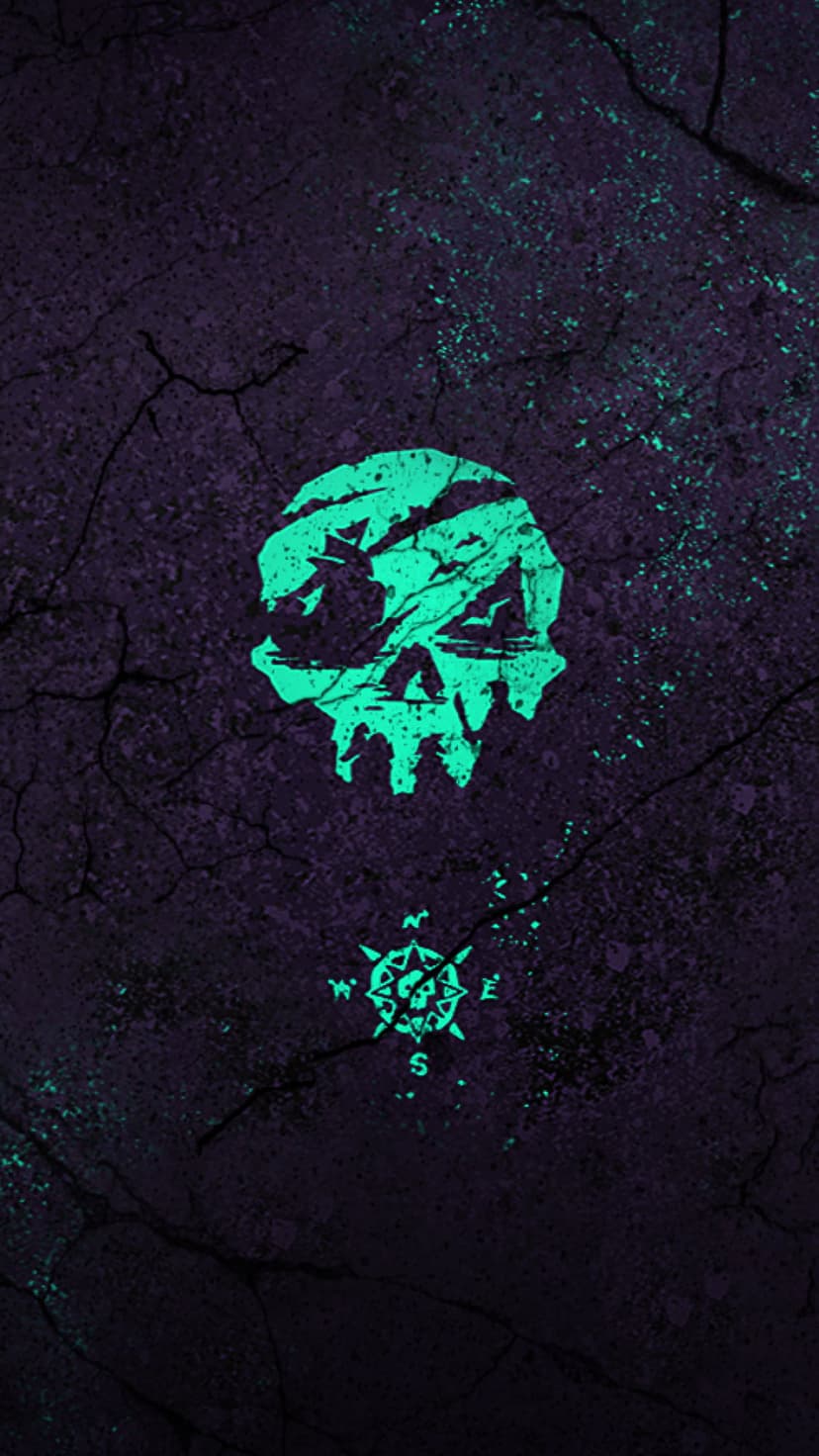 Neon green skull and glowing compass centered on a dark purple surface with realistic cracks and textures.