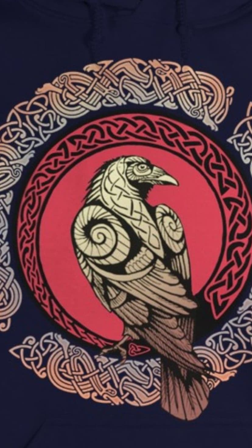 Stylized Viking raven centered inside a circular Celtic knotwork frame against a red and deep blue background.
