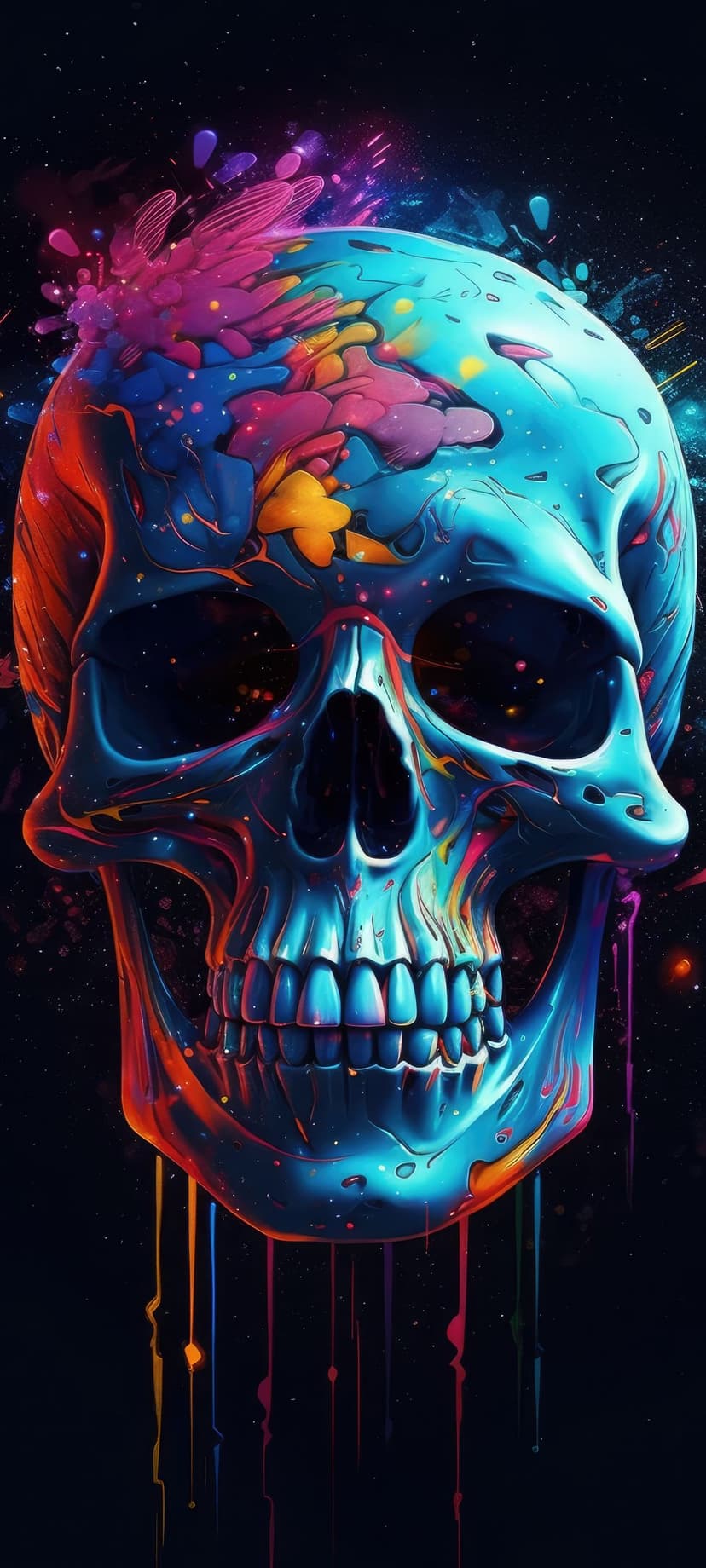 Human skull glowing with neon blue and pink paint drips against a dark cosmos filled with small stars.
