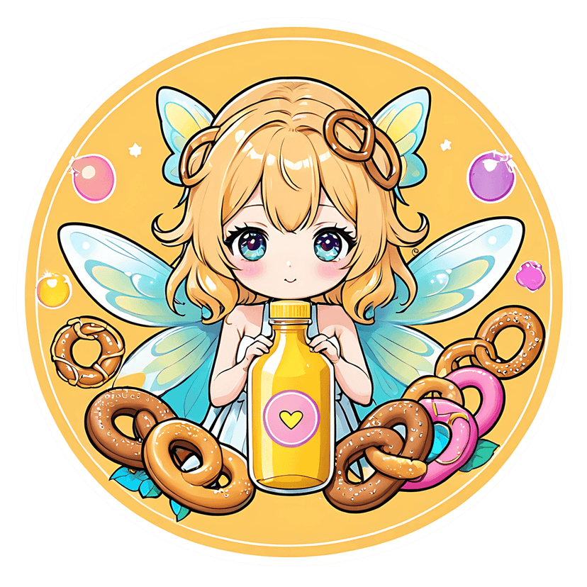 Chibi fairy sticker featuring a blonde girl with blue wings holding a yellow bottle surrounded by pretzels.