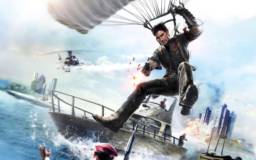 Man parachuting over a boat while firing a pistol amid explosions, helicopters, and a distant tropical cityscape.