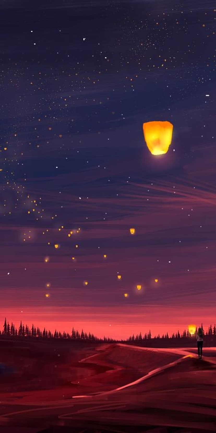 Glowing paper lanterns rise into a purple and red sunset sky above a dark forest path and a lone silhouette.