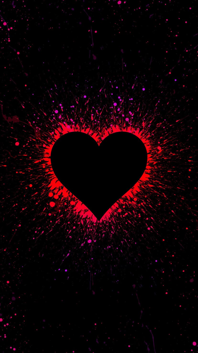 Black heart silhouette surrounded by energetic red and pink paint splatters against a deep obsidian background.