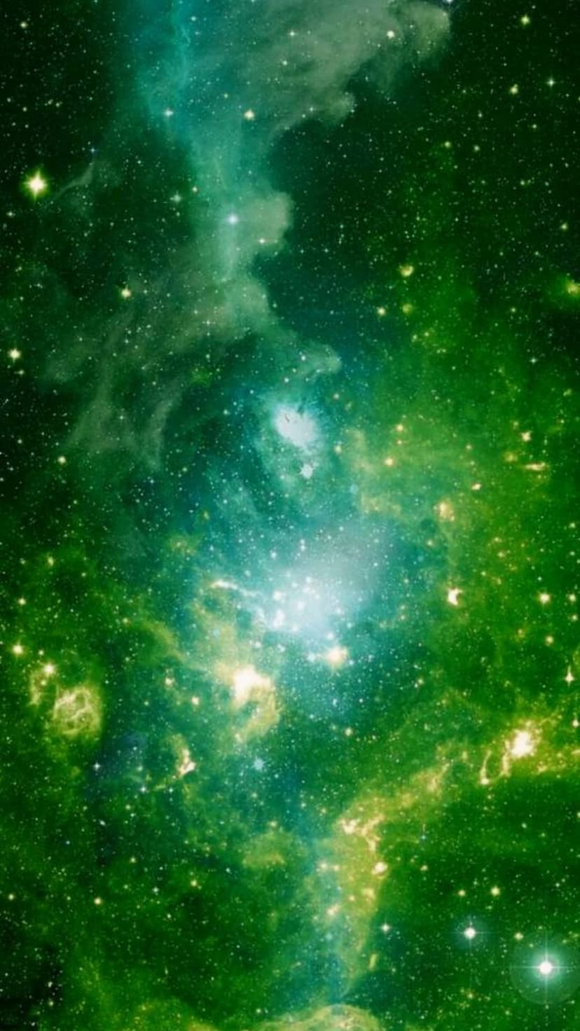 Emerald nebula gas clouds swirl around bright white stars in a dense, glowing cosmic vertical space scene.