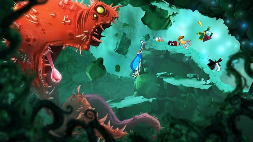 Rayman and Globox flee a massive red spiked monster through a glowing teal cavern with rocky platforms.