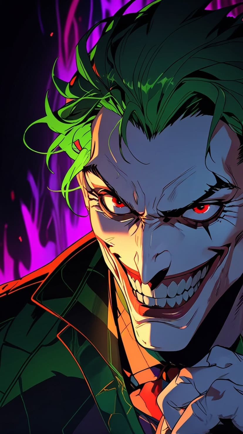 Joker with neon green hair and red eyes grins amidst a swirling vortex of violet flames and dark shadows.
