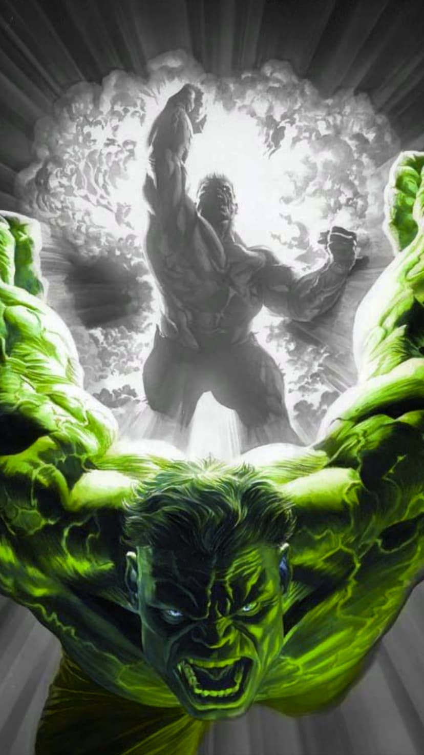 Hulk's green enraged face and muscular arms appear before a grayscale silhouette roaring during an explosion.