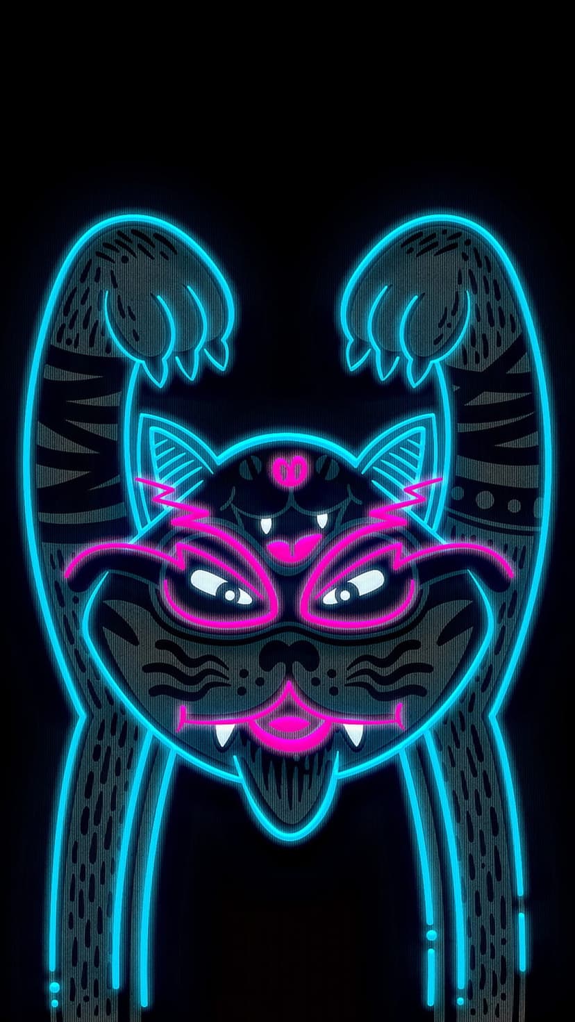 Black cat silhouette with vibrant electric blue and hot pink neon light outlines against a dark background.