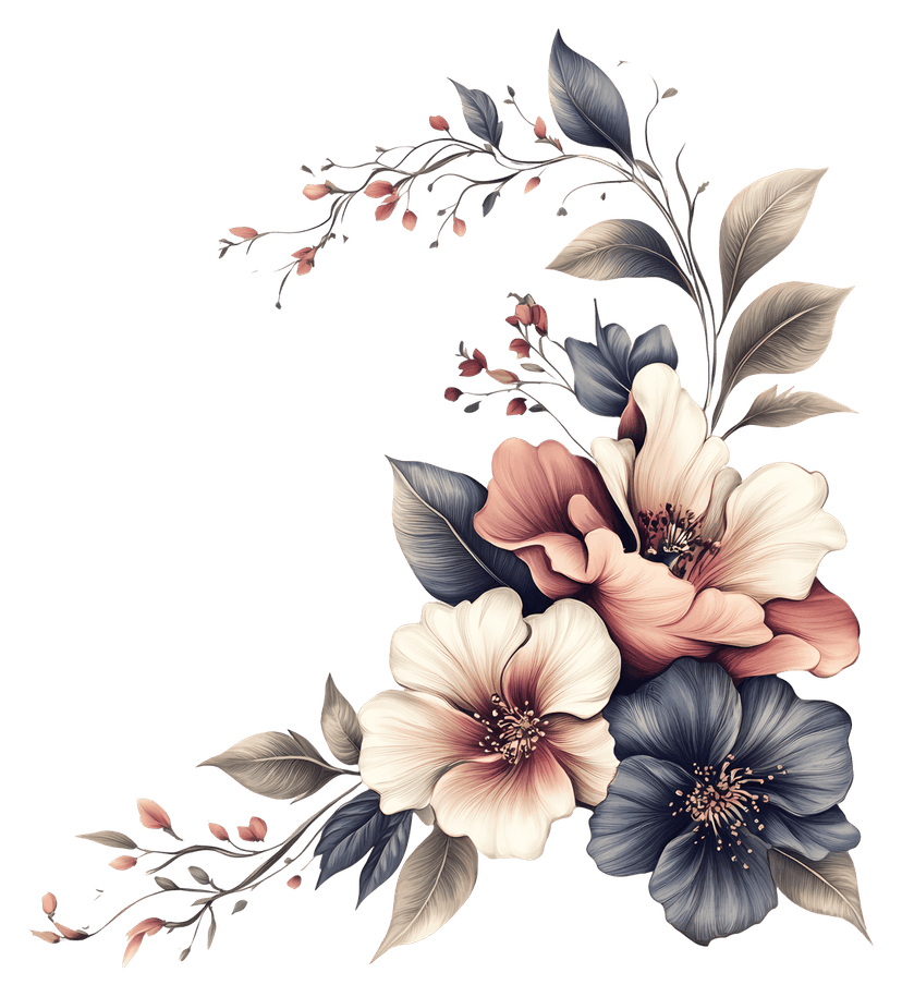 Botanical floral leaf arrangement featuring watercolor textures and green foliage in a curved corner composition.