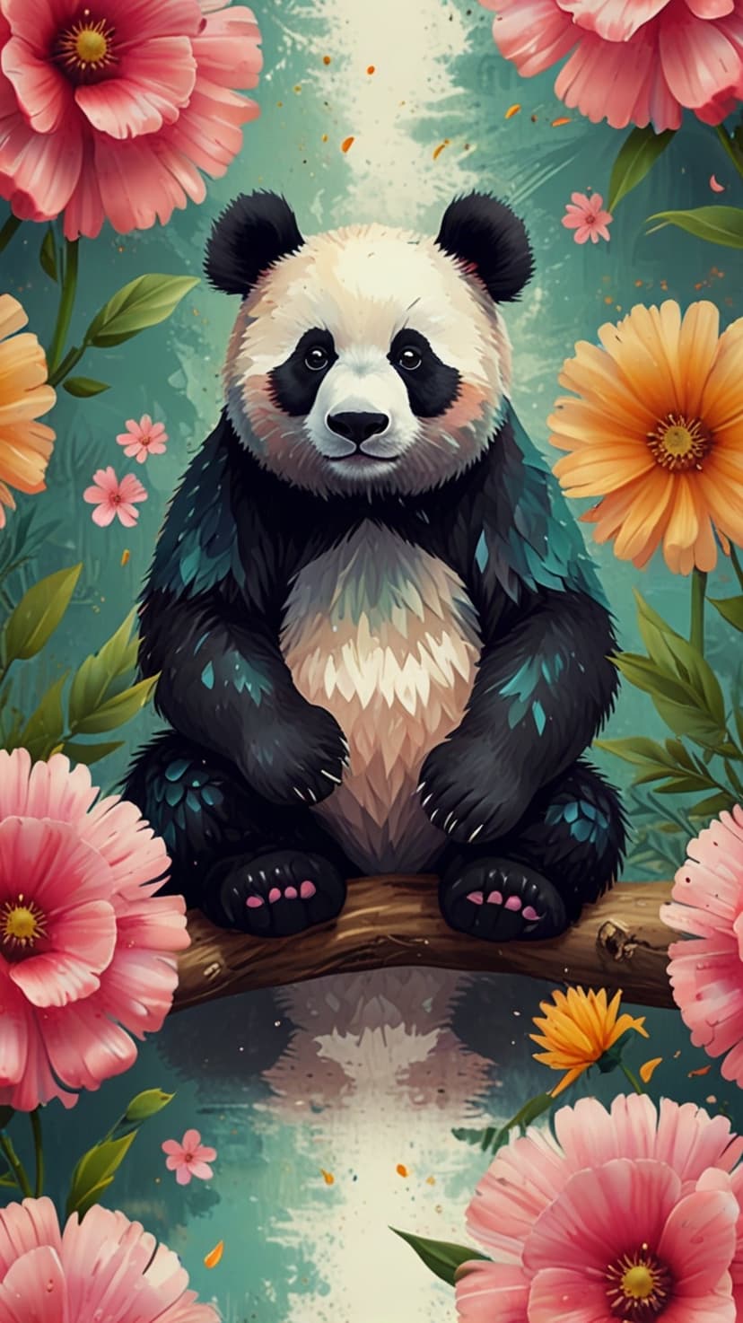 Giant panda resting on a branch surrounded by pink and orange flowers with a clear reflection in the water below.