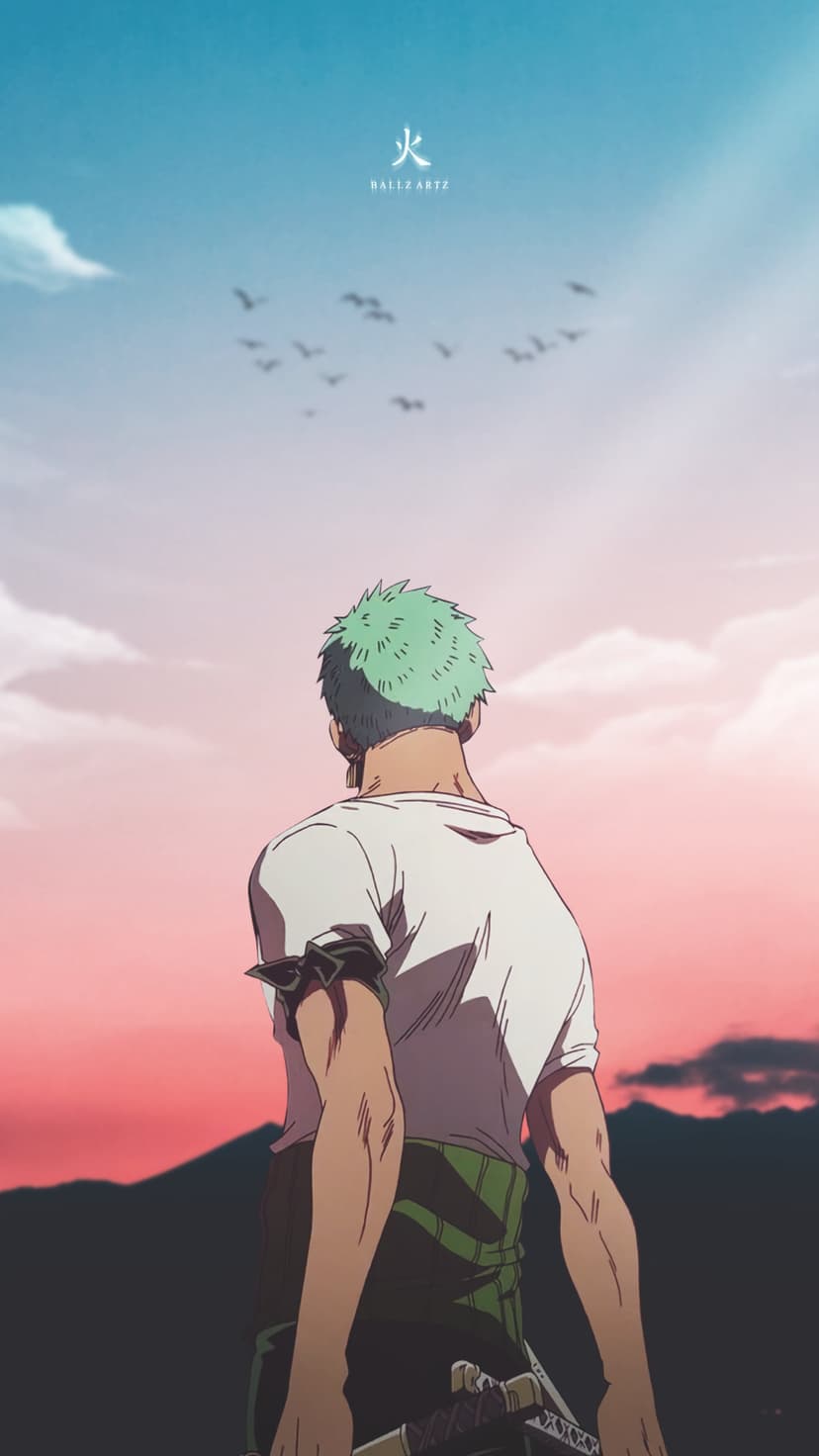 Roronoa Zoro stands from behind wearing green pants and a white shirt with three swords under a sunset bird sky.