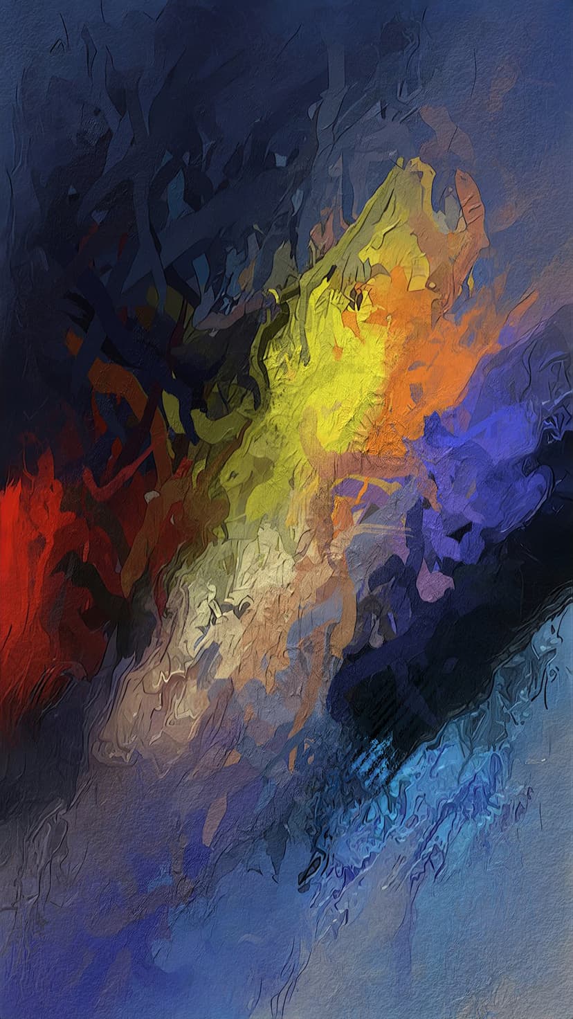 Swirling brushstrokes of red, yellow, and blue paint spiral over a dark indigo background with thick textures.
