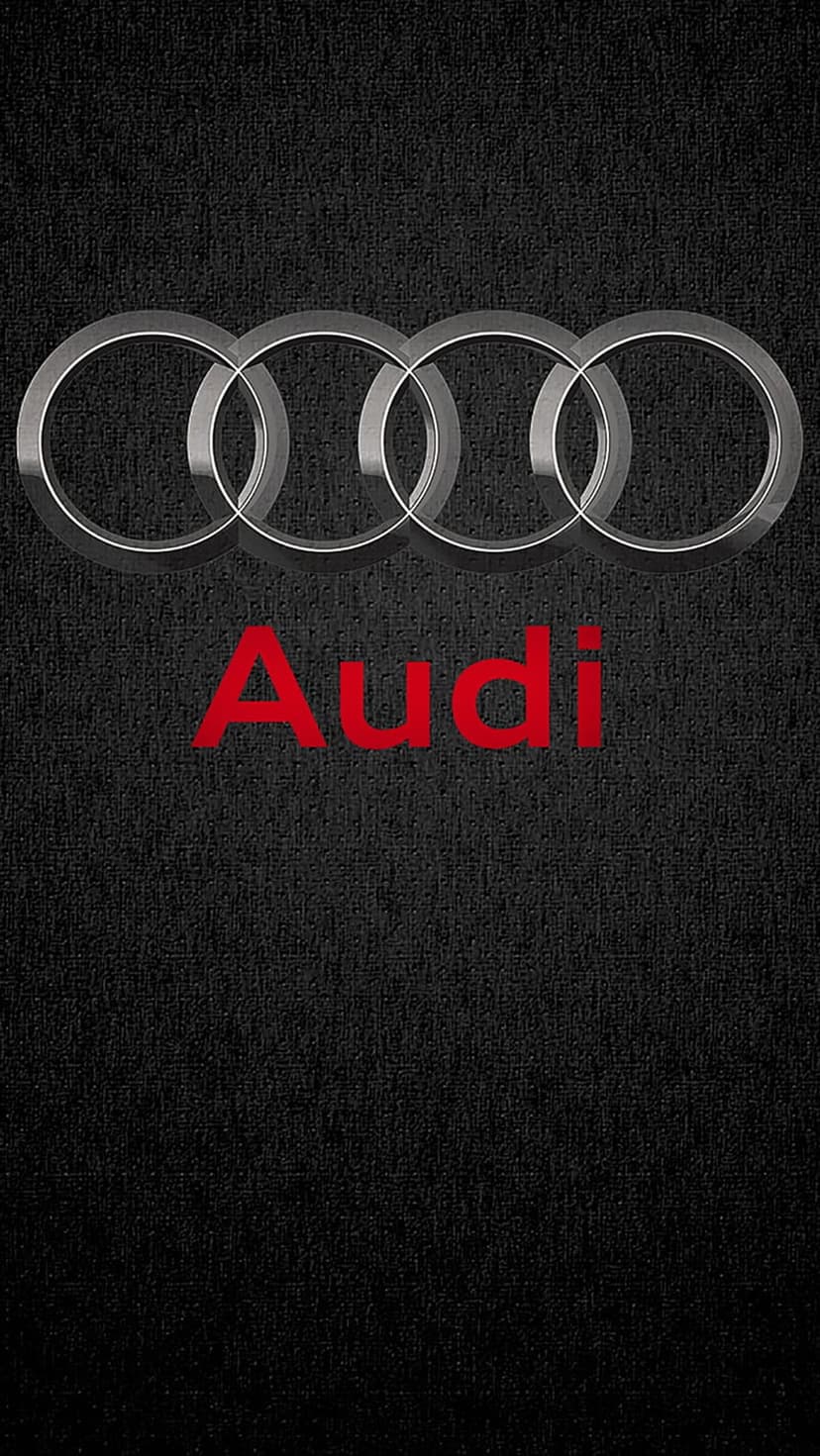 Audi chrome four-ring logo and red brand name centered on a grainy black textured surface for mobile devices.